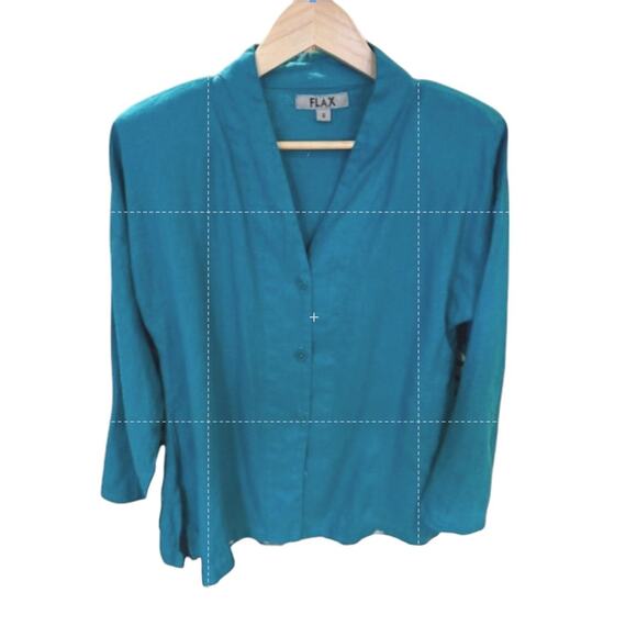 Vintage FLAX Jeanne Engelhart Emerald Linen 3/4 Sleeve Shoulder Pad Boho MEDIUM - Picture 12 of 12